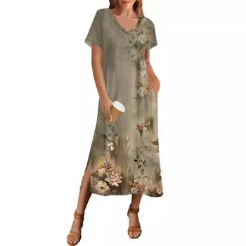 Women s Summer Polka Dot Print Dress Short Sleeve Beach Dress With Pocket Casual V-neck Hem Side Slit Dress L армия зеленый