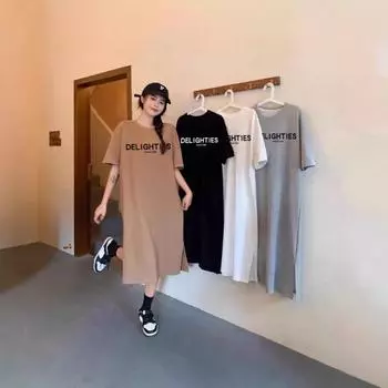 Women s Summer School Style Short Sleeve Loose Print Slit Mid-length Dress M белый