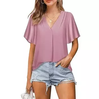 Women s Summer T-shirt Casual Short Sleeve V-neck Solid Color Loose Chiffon Shirt Top XXL розовый