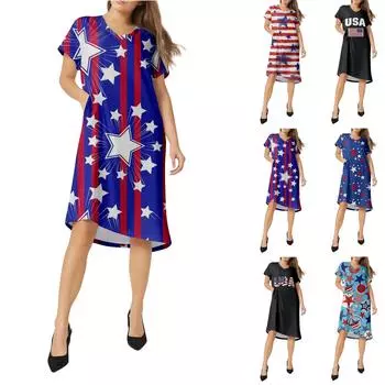Women s Summer V-neck Short Sleeve Independence Day Printed Cotton And Linen Dress S розовый