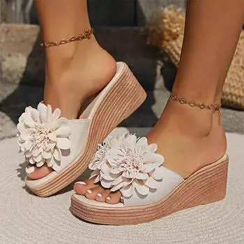 Women s Summer Wedge Sandals Square Head Flowers Slope with A Word Slippers Female Large Size Open Toe High Heel Slippers 36 чёрный