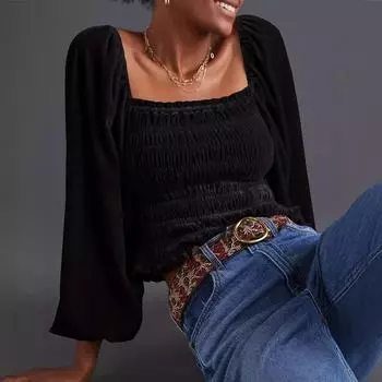 Women s Temperament Elegant Commuter Square Neck Top S чёрный