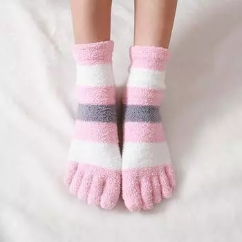 Women s Thick Five Finger Socks Winter Warm Coral Fleece Fluffy Toe Socks Striped Soft Cozy Hosiery Girls Female Floor Slippers