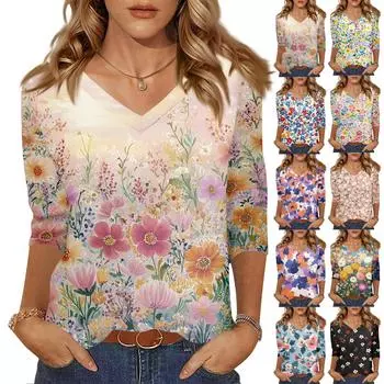 Women s Tops Three-quarter Sleeve Shirt V-neck Loose Casual Shirt Floral Print T-shirt XXXL синий