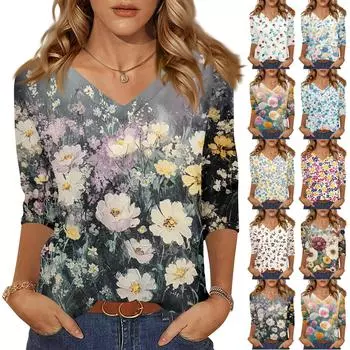 Women s Tops Three-quarter Sleeve Shirt V-neck Loose Casual Shirt Floral Print T-shirt XXXL чёрный