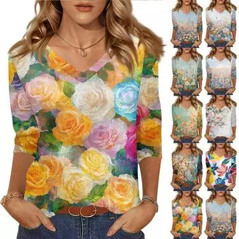 Women s Tops Three-quarter Sleeve Shirt V-neck Loose Casual Shirt Floral Print T-shirt M синий