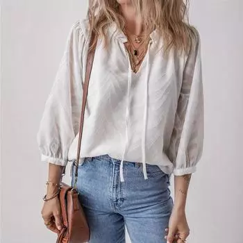 Women s V-neck Casual Comfortable Loose Shirt Top S белый