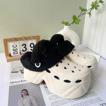 Women s Warm Slippers 7CM High Platform Garden Fashion Clog Shoes Ladies Slippers Thick Bottom EVA Sandals Winter Girls Slippers 34-35 чёрный