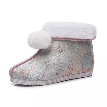 Women s Winter Short Boots Plush Warm Handmade Cotton Shoes Ethnic Embroidered Flat Women Ankle Snow Booties Zapatos Para Mujer 35 серый