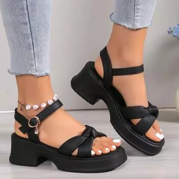 Women Sandals 2024 New One-word Buckle Women Sandals Summer Solid Color Pleated Open Toe High Heels Water Proof Sandals Women 35 бежевый