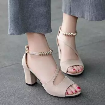 Women Sandals 2024 New Summer Sexy Fish Mouth Sandals Women Hollow Roman Thick Heel Word with Beaded Sexy High Heels Shoes Women 34 бежевый
