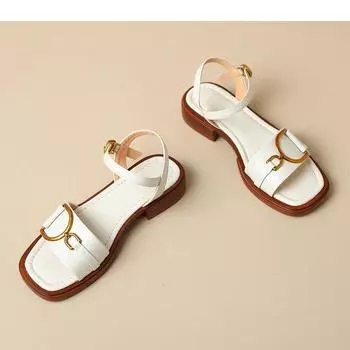 Women Sandals Square Toe Open Toe Low Heel One-line Buckle Metal Buckle Shoes Concise Style Plus-size Retro Sandalias De Mujer 35