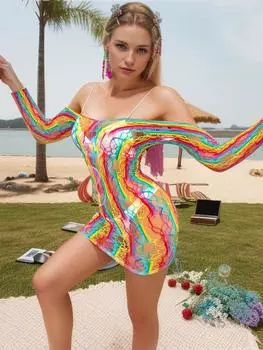 Women Sexy Hollow Out Mini Fishing Net Dress Girls Erotic Lingerie Rainbow Mesh See Through Short Dresses Ladies Bodycon Skirt L