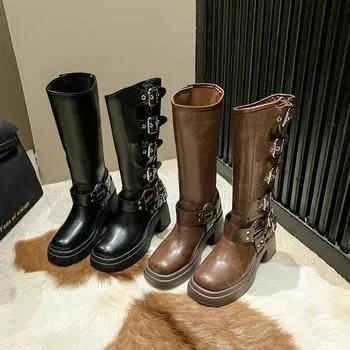Women Shoes High Heels Long Boots Platform 2024 New Fashion Western Boots Winter PU Leather Party Casual Femme Botas 35 чёрный