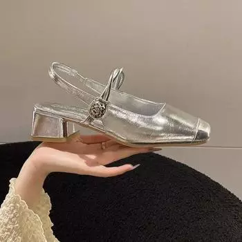 Women Silver New Summer Square Toe Casual Sandals Comfortable Party Pumps Slingback Elegant Dress Shoes 35 бежевый