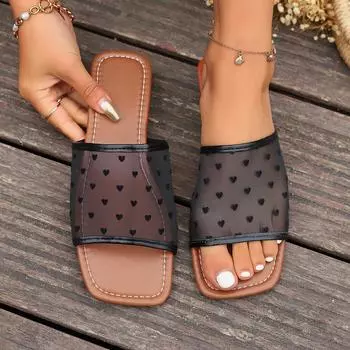 Women Slippers New Pattern Sandals Summer Mesh Flat Bottomed Flip Flops Fashionable and Elegant Slides Women Slippers Plus Size 36 бежевый