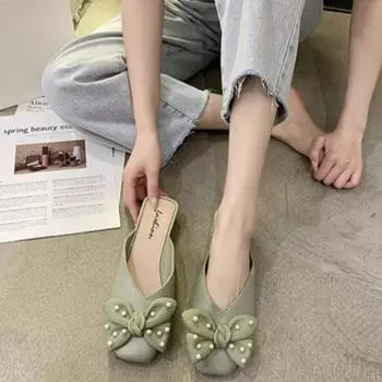 Women Slippers Outside New Bow Baotou Outer Slippers Women s Summer Casual Fashion Muller Shoes Women s Half Slippers Sandals 36 хаки