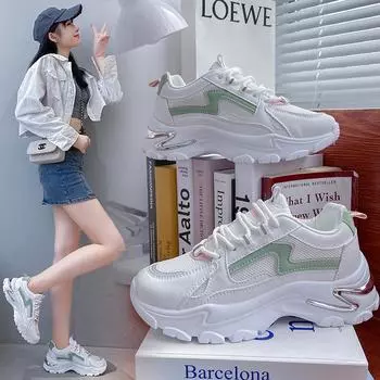 Women Sneakers White Wedges Height Increase Platform Shoes 2024 Autumn Breathable Chunky Sports Trainers Ladies Walking Footwear 35 зелёный