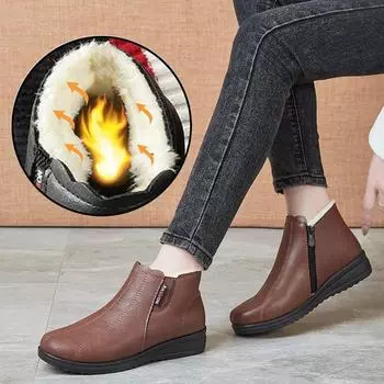Women Snow Boots Waterproof Warm Fur Solid Color Ankle Boots Solid Color Non-Slip Flats Fashion Shoes for Women Zapatos De Mujer 35 вино красного