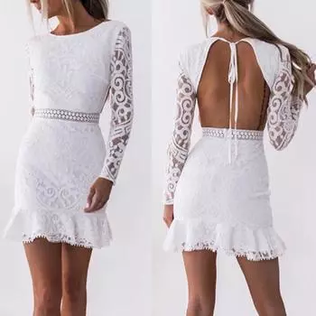 Women Solid O-Neck Lace Patchwork Long Sleeve Backless Party Bandage Dress M
