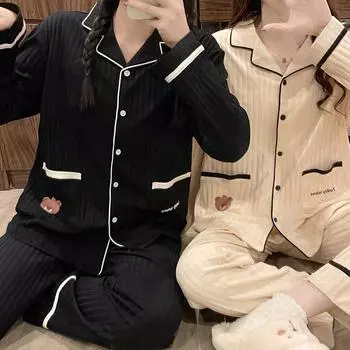 Women Spring and Autumn Two Pieces Pajamas Long Sleeve Pants Set Free Size Trousers Cardigan Thin Homewear Cotton with O-Neck freesize чёрный