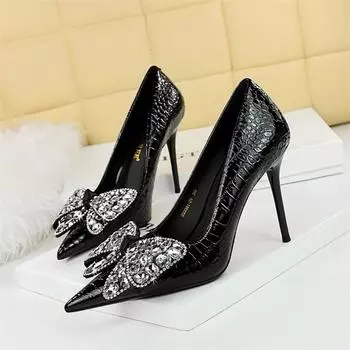Women Stone Pattern Patent Leather Pumps Shallow Mouth Pointed Toe Bow Design Fashion Rhinestone Thin High Heel Party Shoes 34(Foot22cm)