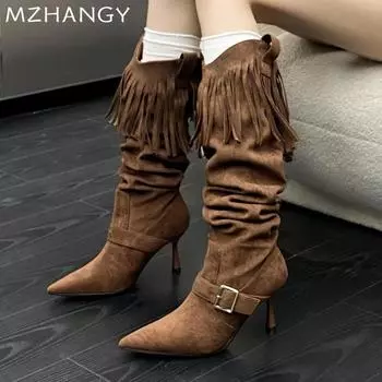 Women Suede High Boots Sexy High Heels Fringes Pointed Toe Shoes Elegant Woman 2024 Trend New Chelsea Boots Pumps Mujer Botas 35 чёрный