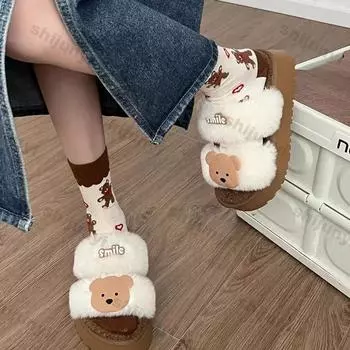 Women Thick Bottom Flip-flops Winter New Fashion Fur Slippers Fluffy Warm Plush Slippers Woman Non Slip Indoor Home Cotton Shoes 36-37 белый