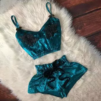 Women V-Neck Eyelash Beaded Sexy Stain Camisole Pajamas Bowknot Shorts Set XXL