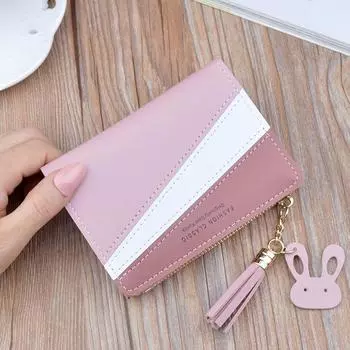 Women Wallet Patchwork Design Small Zipper Coin Purse Tassel Decoration Money Bag Simple Card Holder Contrast Color PU Leather чёрный