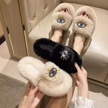 Женская зимняя мода, мягкие, теплые, удобные, плоские, меховые тапочки, пушистые, домашние, мягкие, плюшевые, женские, роскошные тапочки 35