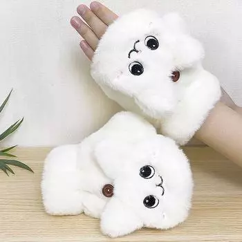 Women Winter Fur Rabbit Mittens Fingerless Gloves Plush Warm Glove Winter Soft Thick Gloves for Women Girl Flexible Half Finger One Size белый