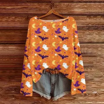 Womens Fall Sweaters Long Sleeve Print Tops Pullover Sweaters Loose Dressy Casual Basic Clothes XL оранжевый