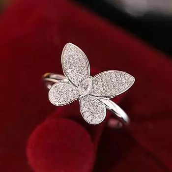 Womens Ring with Leaf Petals Korean Style Luxurious Fully Inlaid Zircon Butterfly Ring No. 6