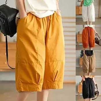 Womens Shorts Pockets Elastic Breathable Loose Half Length Pants Soft Cool Shorts Summer Streetwear One Size хаки