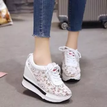 Womens Wedge Heel Block Heel Sandals Mesh Surface Women Shoes Breathable Casual Shoes Lace Up Tenis Thick Sole Sneakers 37