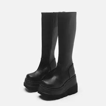 Womens Wedge Mid-Calf Boots Platform Zipper Punk Motorcycle Booties Chunky High Heel Round Toe Fashion Female Shoes Botas Mujer 35