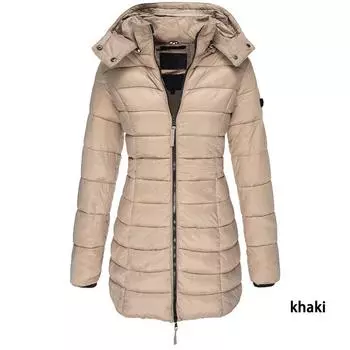 Womens Winter Warm Collar Hooded Long Coat Zipper Jacket Parka Outwear Khaki,L
