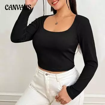 Womenswear Commuter U Neck Slim Fit with A Solid Color Temperament Long Sleeved Top 1XL чёрный