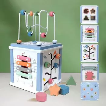 Wooden Activity Cube, 5 In 1 Activity Cube,Multifunctional Treasure Box Activity Toys,Featuring Shape Sorting ,Stacking Blocks,Xylophone,Easter Gifts