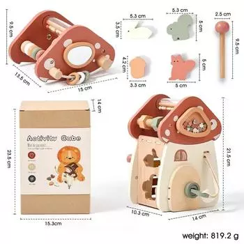 Wooden Building Block For Babies Music Percussion Game Newborn Education Mushroom House 5 in 1 Cartoon Animal Shape Matching Toy