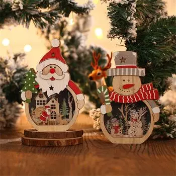 Wooden Christmas Tree Hanging Ornaments with LED Lights Santa Claus Snowman Toys Christmas Desktop Ornaments Home Party Decor