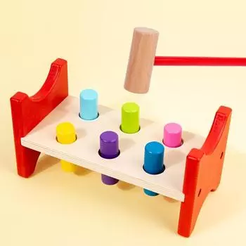 Wooden Early Education Six Column Pounding Table, Color Recognition, Hand Strength Training, Fine Motor Skills Training, Focus Training Game Toy 6-post hammering table