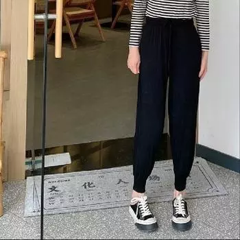 Wooden Silk Thin Easiest for Match Black Fashion Breathable Casual Pants Black S