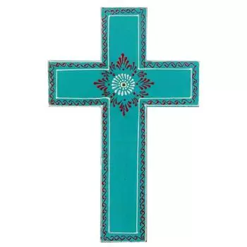 Wooden Wall Cross Breath Of Life : Handpainted Mangowood Plaque, Blue синий