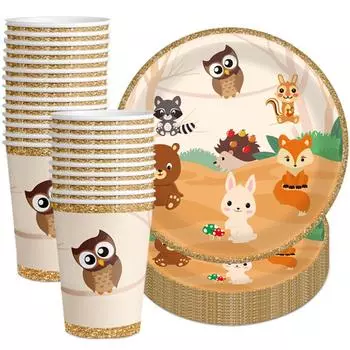 Woodland Animals Party Disposable Tableware Set Forests Animals Bear Owl Rabbit Fox Plates Babyshower Kids 1st Birthday Supplies
