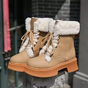 Wool Blend Fur Cow Split Leather Round Toe Winter Warm Snow Boots Thick Bottom Punk Style Sweet Beauty Ankle Boots 35 жёлтый