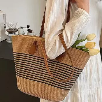 Work Clothing Stripes One Shoulder Stylish Beach Women s Straw Bag Khakis-Best Selling bag