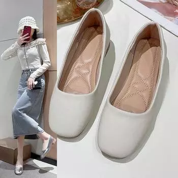 Work shoes women s black soft sole comfortable work long standing not tired feet shallow mouth flat sole soft leather single shoes square head grandma 35 чёрный