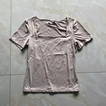 Workout Quick-Drying T-shirt Spring/Summer New Women s Clothes Slim Fit Square Collar Pullover Short Sleeve Pure Color Stretch Slim Looking 30860 Khakis C- 3-27-2 M